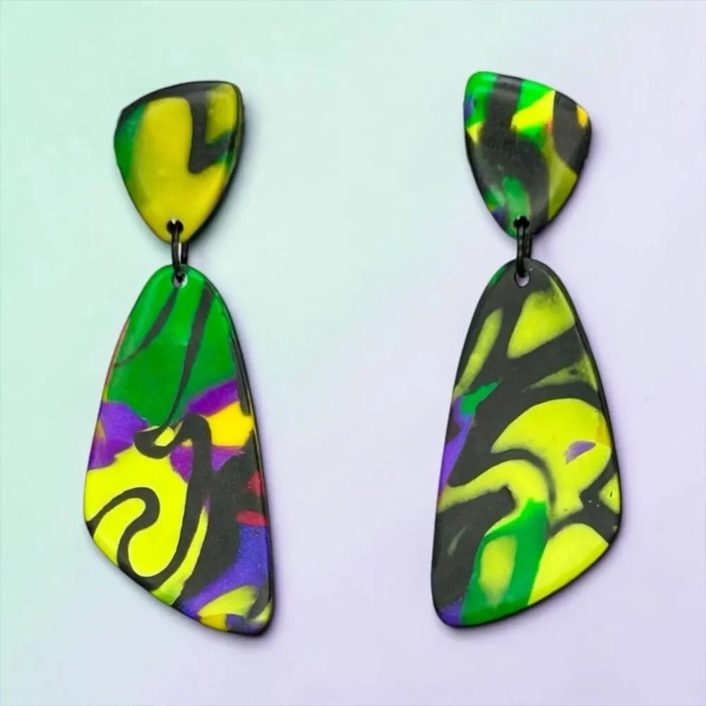 Polymer Clay Dangle Earrings Bright Green Yellow Graphic Print Handmade SS Posts